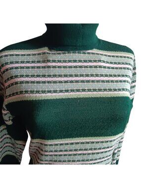 Long Sleeve Knit Top Size Medium Vintage 70s Green Striped Mock Neck Sweater -